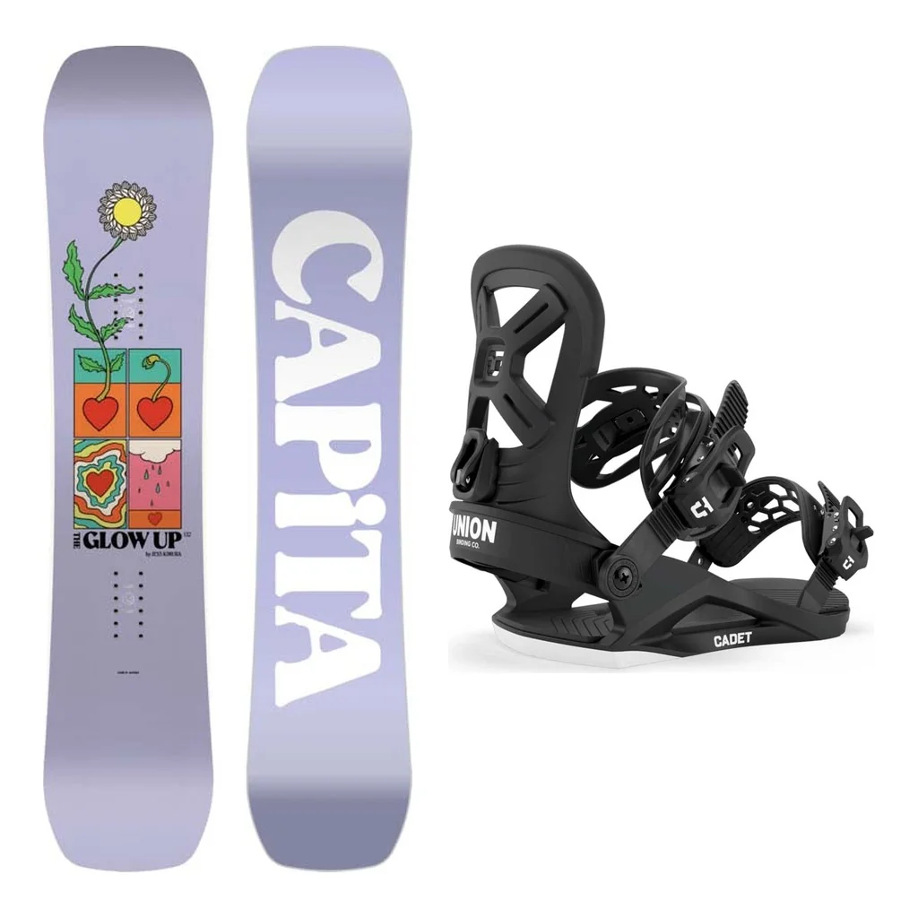 Capita Glow Up by Jess Kimura Girls Snowboard 2027 with Cadet Bindings Snowboard Package