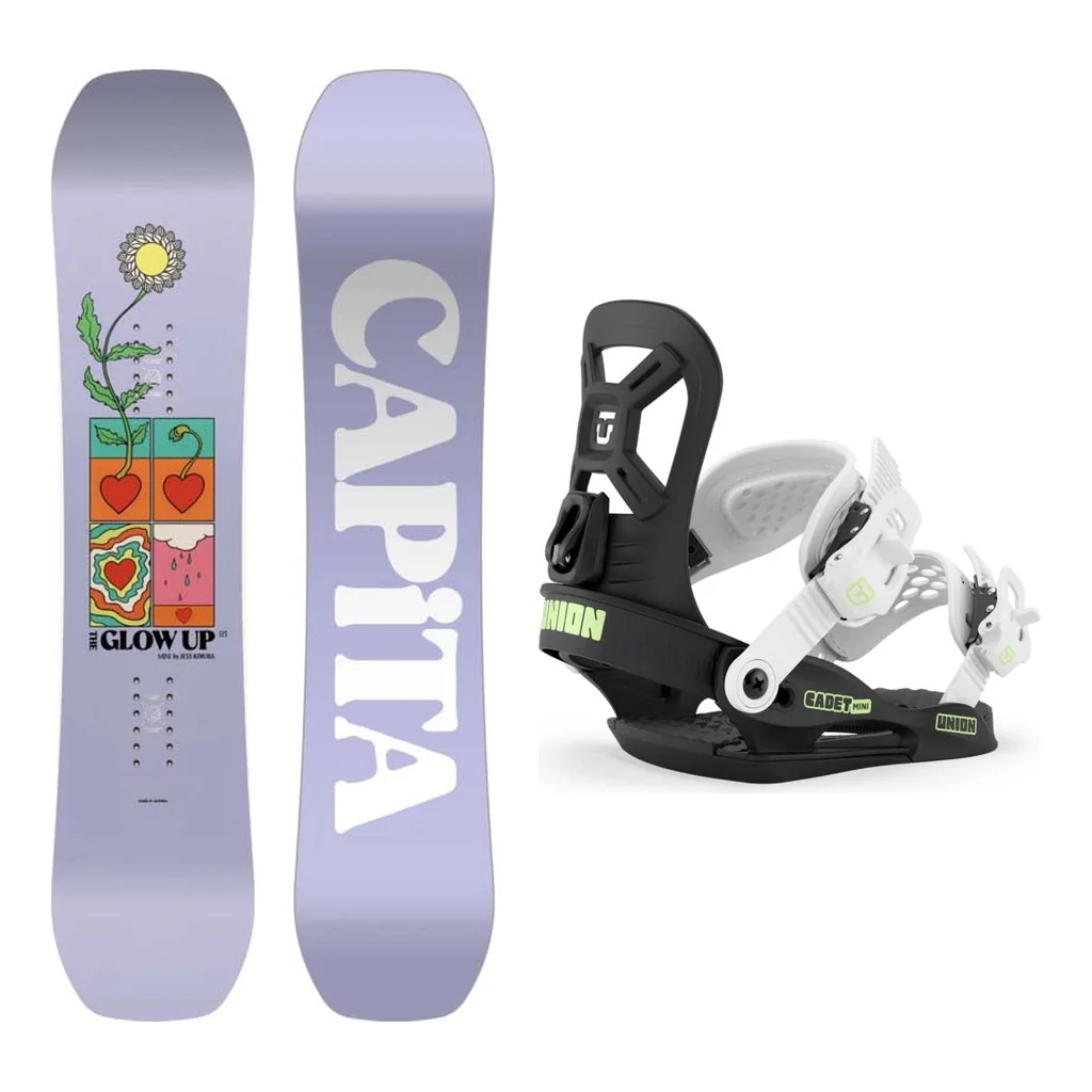 Capita Glow Up Mini by Jess Kimura Girls Snowboard 2027 with Cadet Mini Bindings Snowboard Package