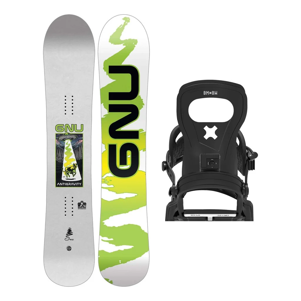 GNU Antigravity Mens Snowboard 2027 with Bent Metal Joint Bindings Snowboard Package