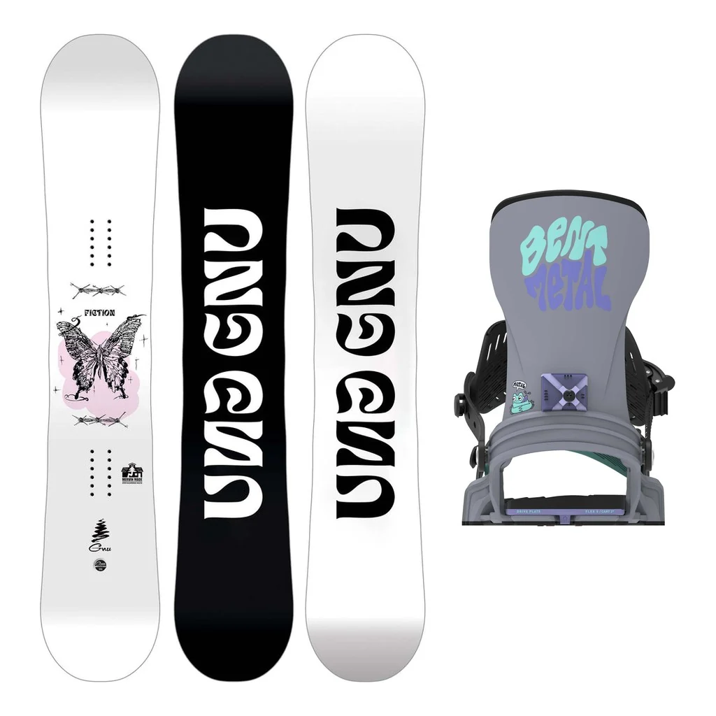 GNU Fiction Womens Snowboard 2027 with Bent Metal Stylist Bindings Snowboard Package