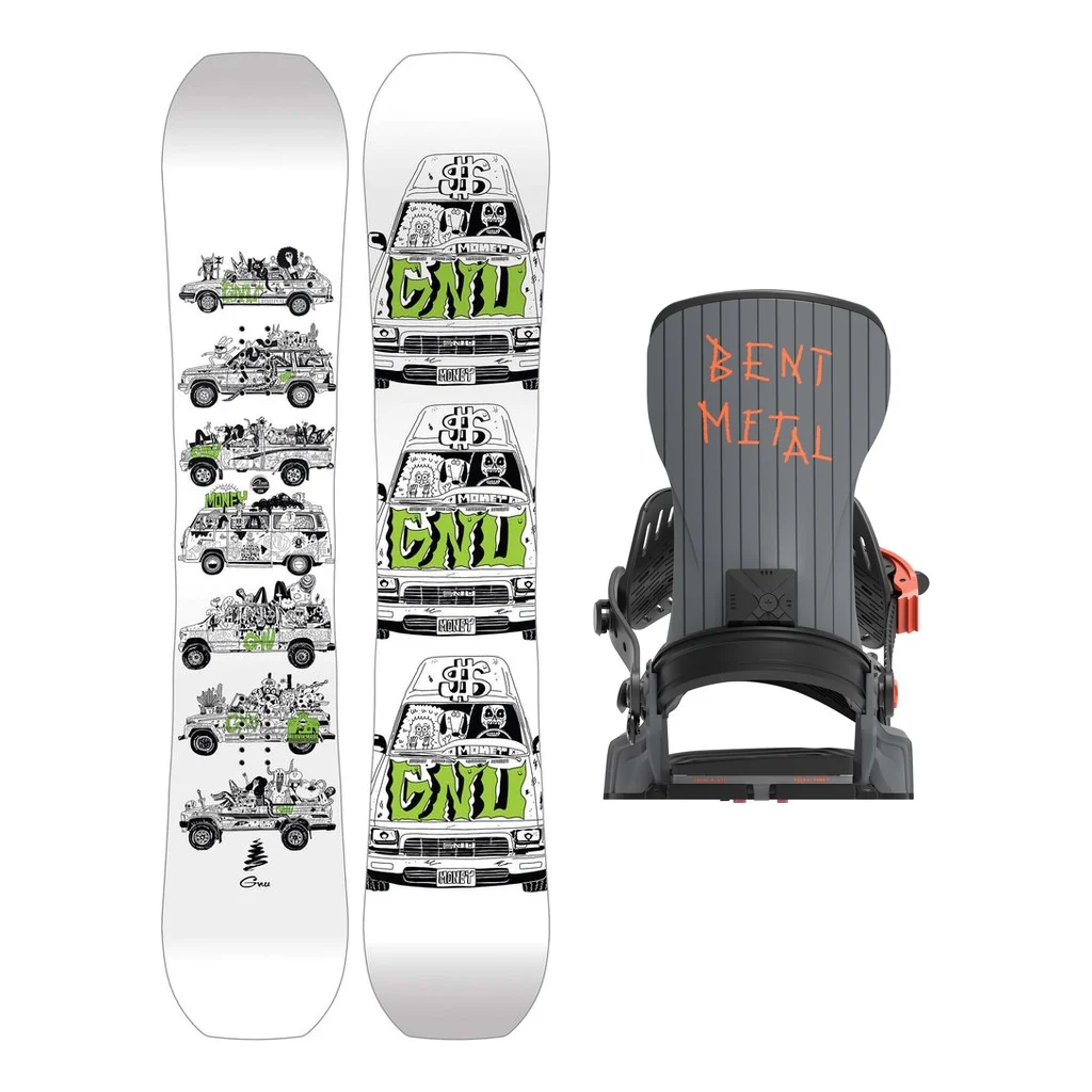 GNU Money Mens Snowboard 2027 with Bent Metal T-Zero Bindings Snowboard Package