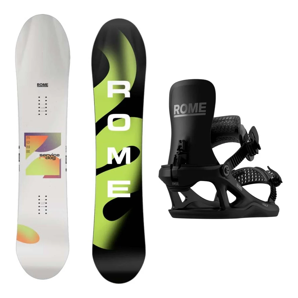 Rome Service Dog Mens Snowboard 2027 with Volt FASE Bindings Snowboard Package