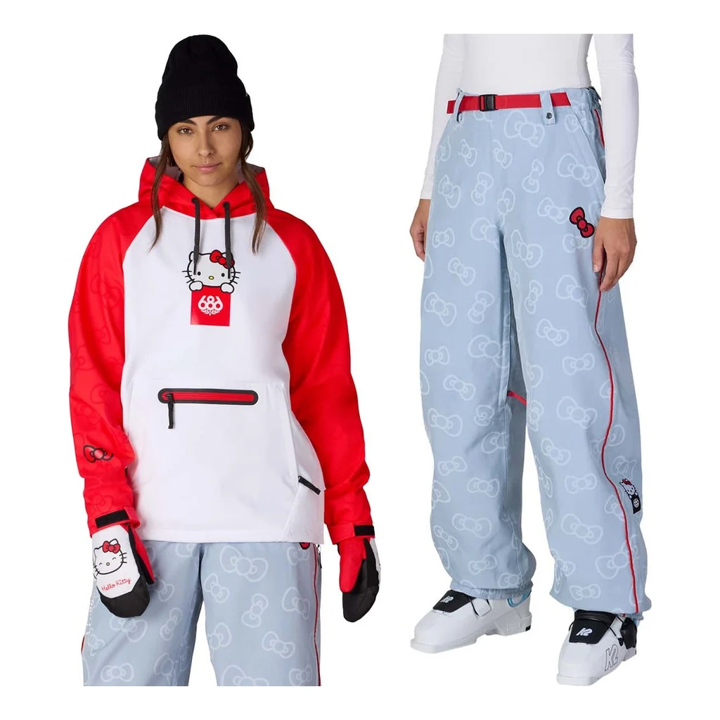 686 x Hello Kitty Waterproof Womens Hoody 2027 with Hello Kitty Lil Bow Pants Package (Hello Kitty White Red)