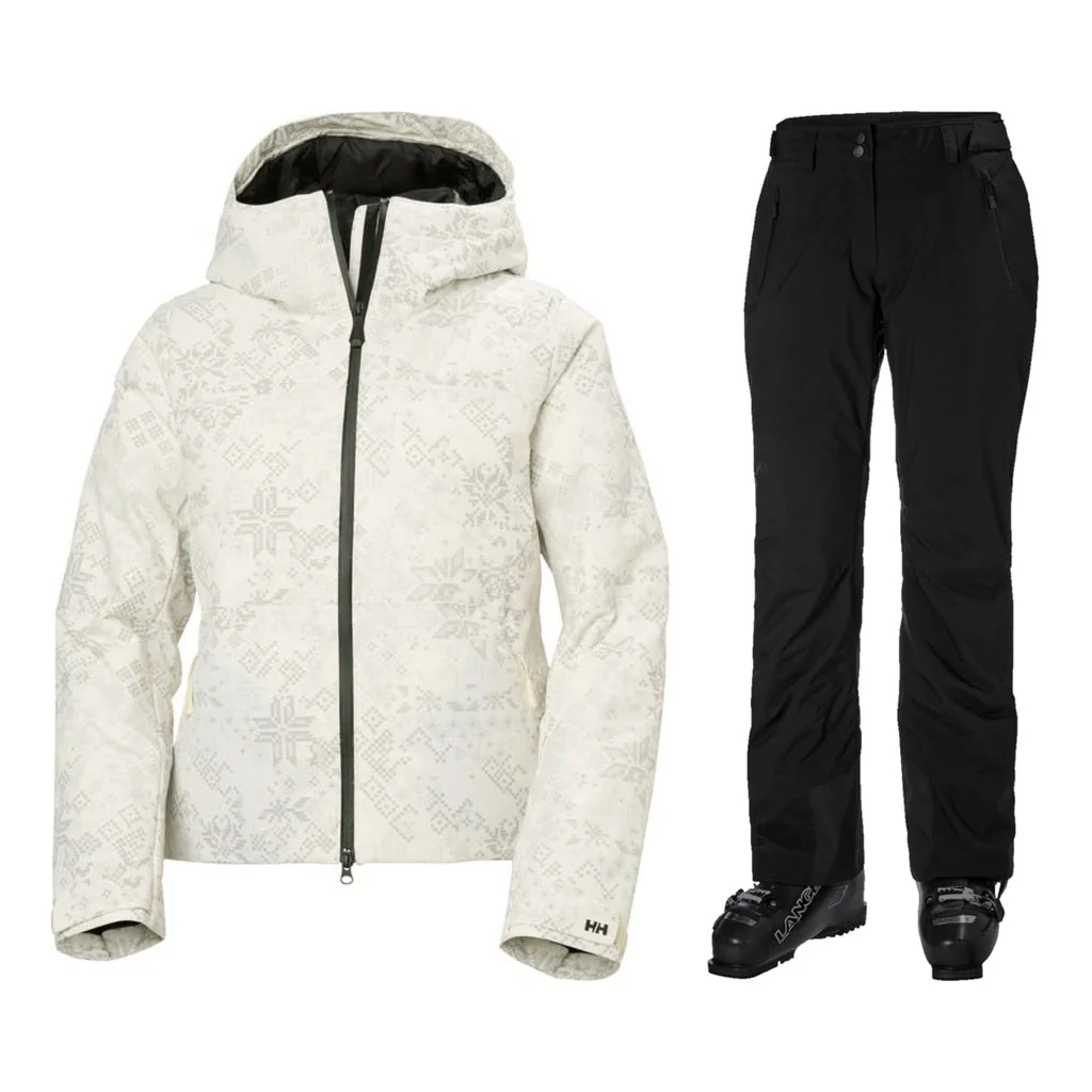 Helly Hansen W Nora Short Puffy Jacket Womens 2027 with Legendary Pants Package (Cream New Nordic Aop)